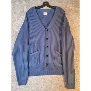 John Blair Mens Blue Cable Knit Cardigan Sweater Button Pockets XL 52" Chest